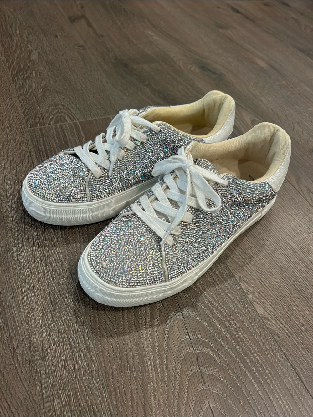 Betsey Johnson Silver Crystal Embellished Lace-Up Sneakers